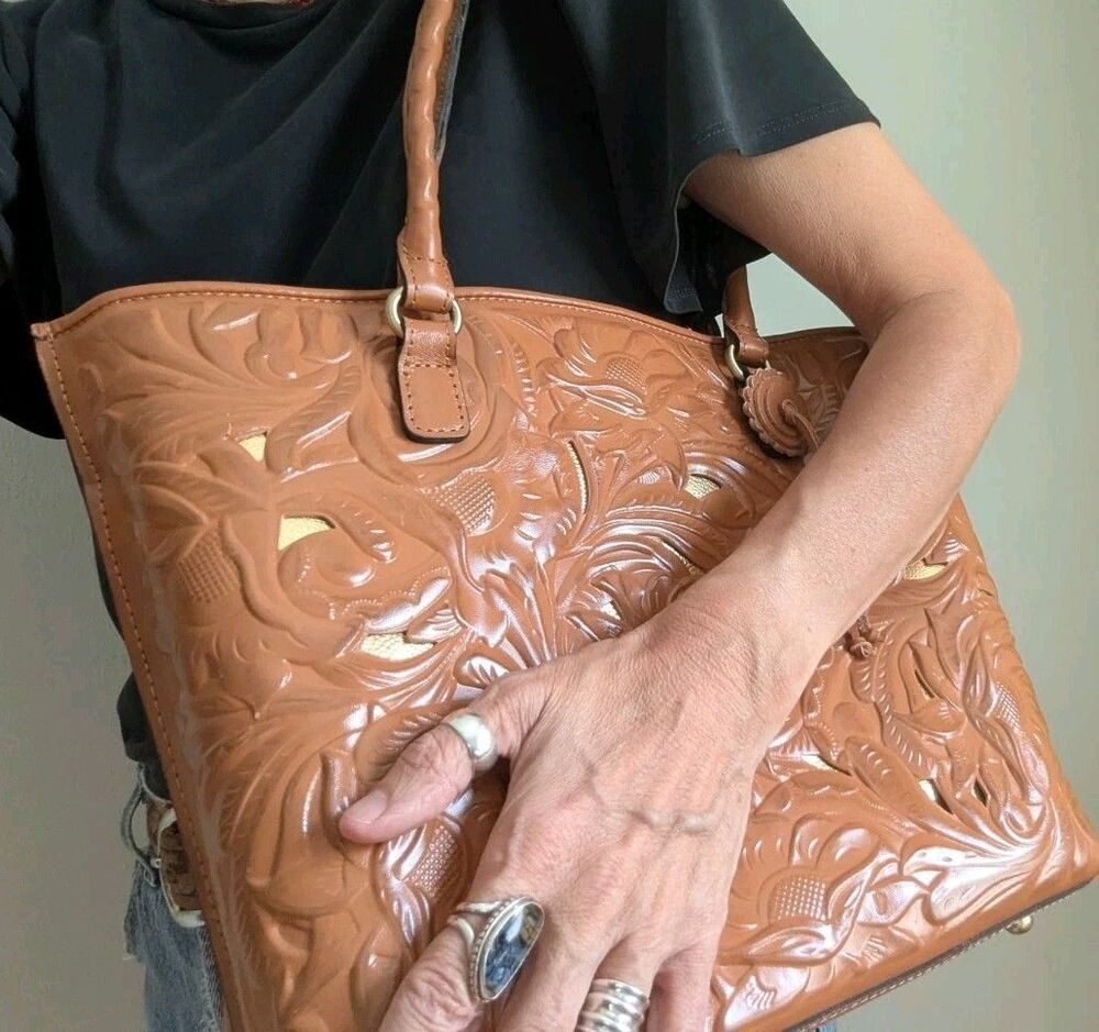 Patricia Nash Adeline Large Leather Tote Satchl Burnished Cutout Cognac Western